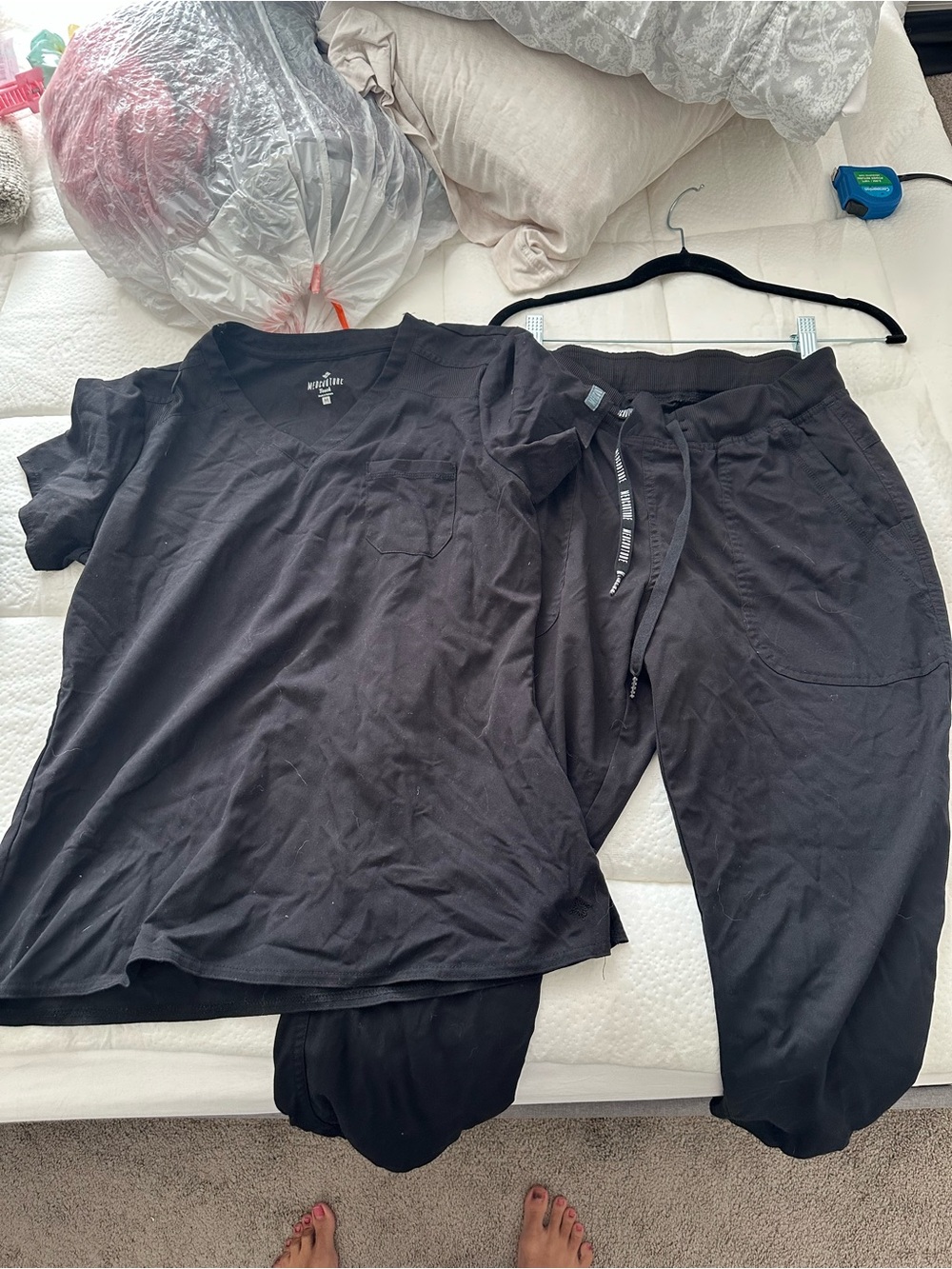 Med Couture Black Women's Jogger Pants with Drawstring and v neck scrub top set
